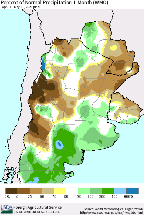 Southern South America Percent of Normal Precipitation 1-Month (WMO) Thematic Map For 4/11/2020 - 5/10/2020