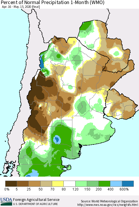 Southern South America Percent of Normal Precipitation 1-Month (WMO) Thematic Map For 4/16/2020 - 5/15/2020