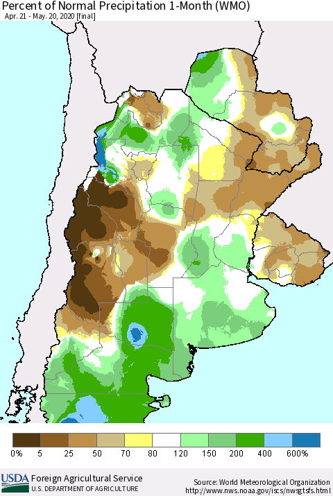 Southern South America Percent of Normal Precipitation 1-Month (WMO) Thematic Map For 4/21/2020 - 5/20/2020