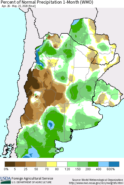 Southern South America Percent of Normal Precipitation 1-Month (WMO) Thematic Map For 4/26/2020 - 5/25/2020