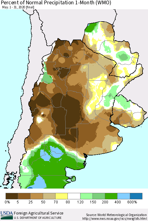Southern South America Percent of Normal Precipitation 1-Month (WMO) Thematic Map For 5/1/2020 - 5/31/2020