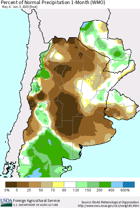 Southern South America Percent of Normal Precipitation 1-Month (WMO) Thematic Map For 5/6/2020 - 6/5/2020