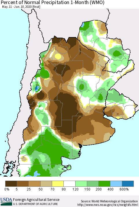 Southern South America Percent of Normal Precipitation 1-Month (WMO) Thematic Map For 5/11/2020 - 6/10/2020