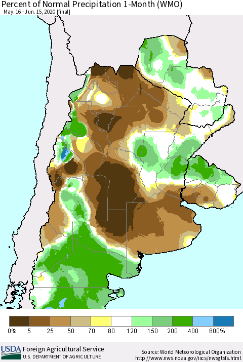 Southern South America Percent of Normal Precipitation 1-Month (WMO) Thematic Map For 5/16/2020 - 6/15/2020