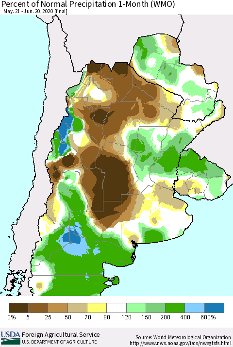 Southern South America Percent of Normal Precipitation 1-Month (WMO) Thematic Map For 5/21/2020 - 6/20/2020
