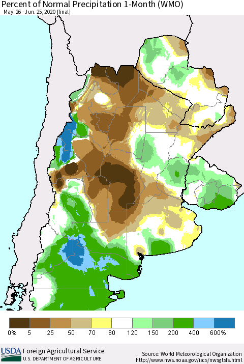 Southern South America Percent of Normal Precipitation 1-Month (WMO) Thematic Map For 5/26/2020 - 6/25/2020