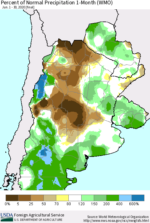 Southern South America Percent of Normal Precipitation 1-Month (WMO) Thematic Map For 6/1/2020 - 6/30/2020