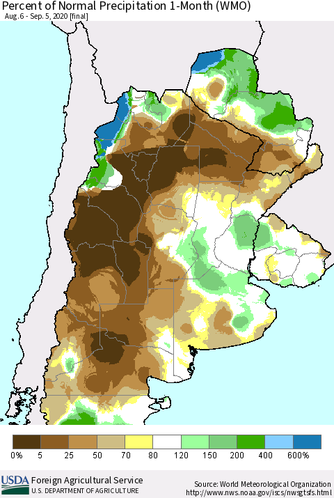 Southern South America Percent of Normal Precipitation 1-Month (WMO) Thematic Map For 8/6/2020 - 9/5/2020