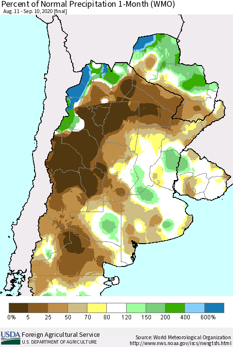 Southern South America Percent of Normal Precipitation 1-Month (WMO) Thematic Map For 8/11/2020 - 9/10/2020