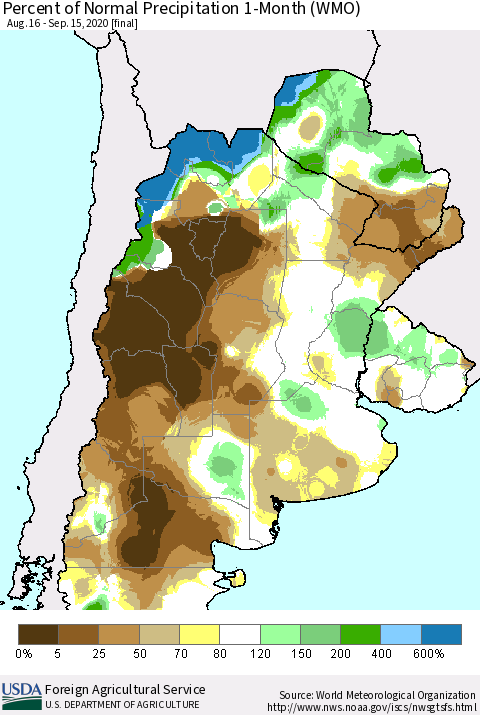 Southern South America Percent of Normal Precipitation 1-Month (WMO) Thematic Map For 8/16/2020 - 9/15/2020