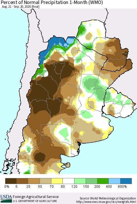 Southern South America Percent of Normal Precipitation 1-Month (WMO) Thematic Map For 8/21/2020 - 9/20/2020