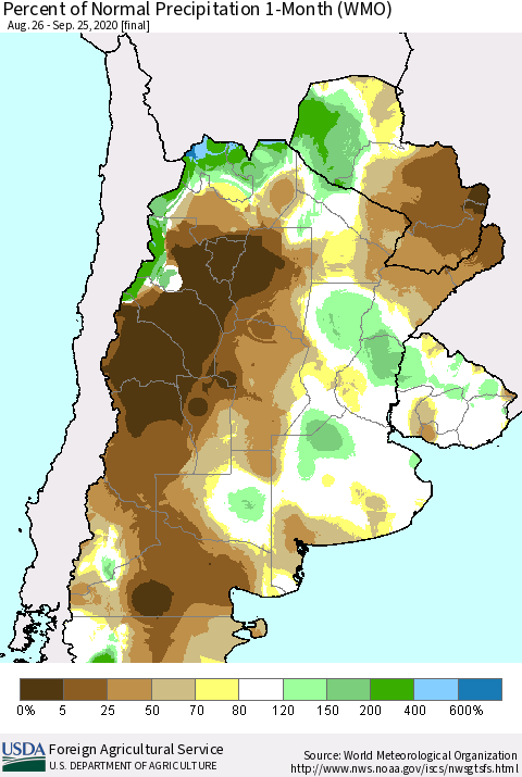 Southern South America Percent of Normal Precipitation 1-Month (WMO) Thematic Map For 8/26/2020 - 9/25/2020