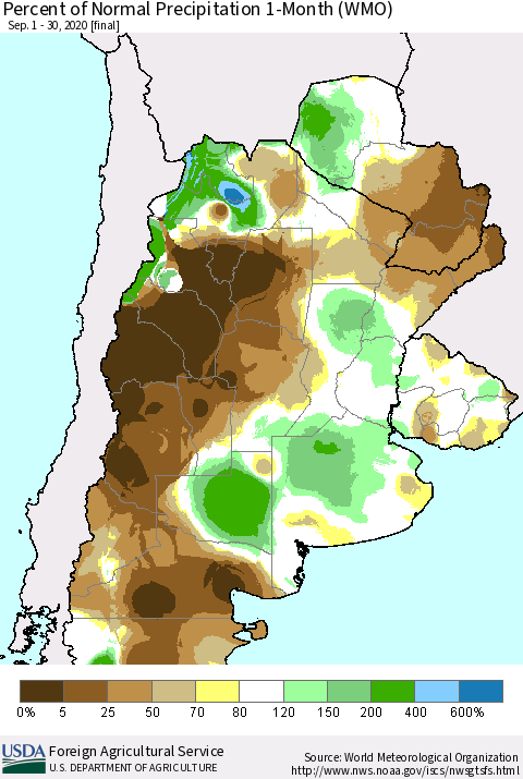 Southern South America Percent of Normal Precipitation 1-Month (WMO) Thematic Map For 9/1/2020 - 9/30/2020
