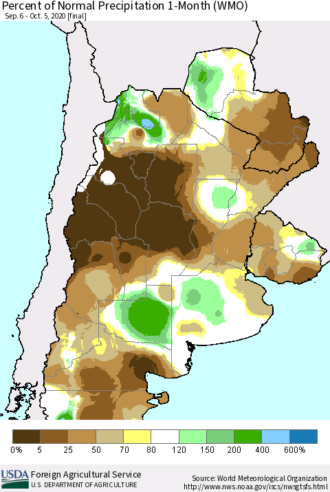 Southern South America Percent of Normal Precipitation 1-Month (WMO) Thematic Map For 9/6/2020 - 10/5/2020