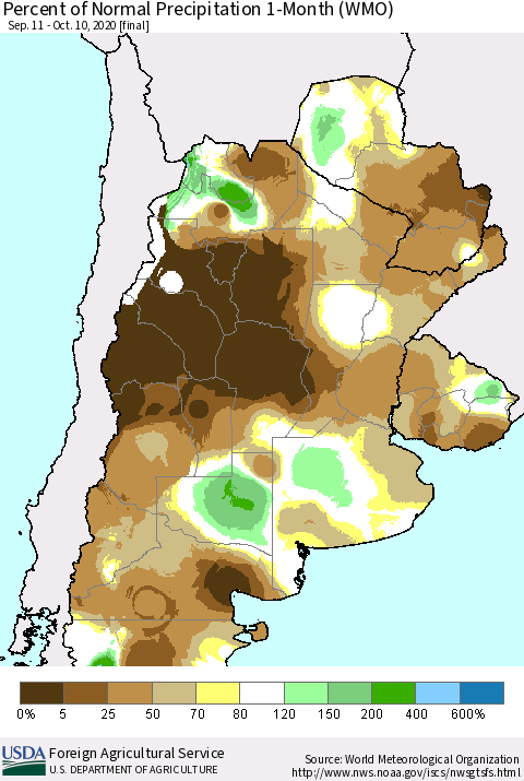 Southern South America Percent of Normal Precipitation 1-Month (WMO) Thematic Map For 9/11/2020 - 10/10/2020