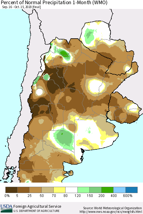 Southern South America Percent of Normal Precipitation 1-Month (WMO) Thematic Map For 9/16/2020 - 10/15/2020
