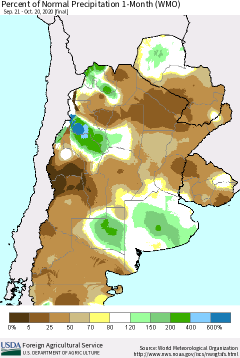 Southern South America Percent of Normal Precipitation 1-Month (WMO) Thematic Map For 9/21/2020 - 10/20/2020