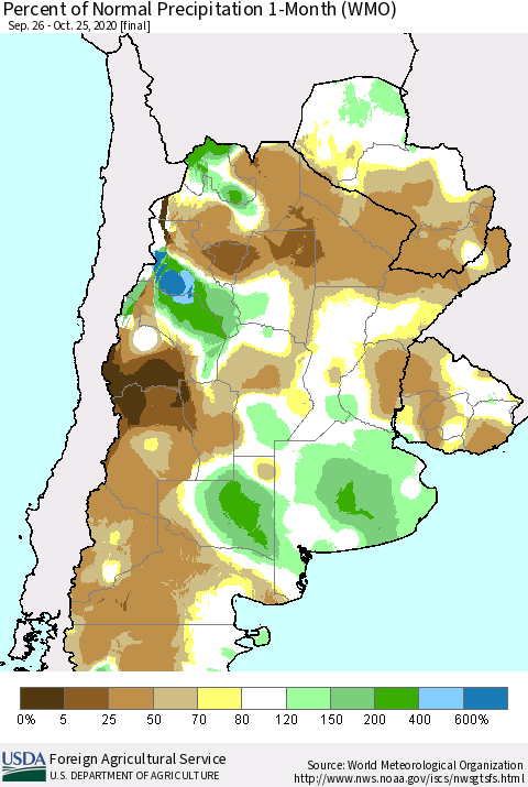 Southern South America Percent of Normal Precipitation 1-Month (WMO) Thematic Map For 9/26/2020 - 10/25/2020
