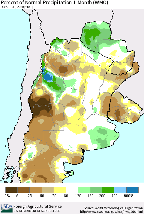 Southern South America Percent of Normal Precipitation 1-Month (WMO) Thematic Map For 10/1/2020 - 10/31/2020