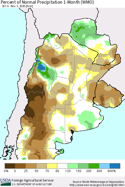 Southern South America Percent of Normal Precipitation 1-Month (WMO) Thematic Map For 10/6/2020 - 11/5/2020