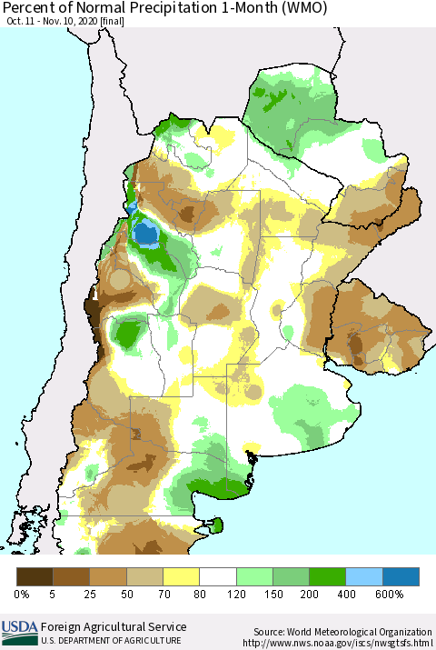 Southern South America Percent of Normal Precipitation 1-Month (WMO) Thematic Map For 10/11/2020 - 11/10/2020