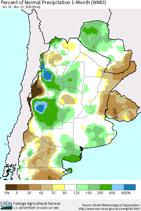 Southern South America Percent of Normal Precipitation 1-Month (WMO) Thematic Map For 10/16/2020 - 11/15/2020