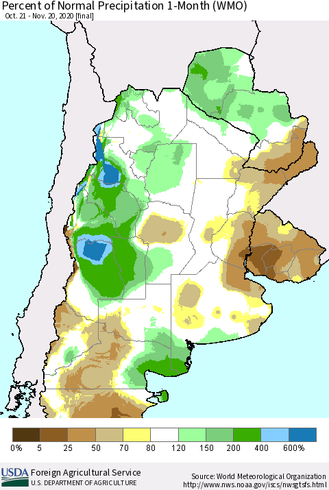 Southern South America Percent of Normal Precipitation 1-Month (WMO) Thematic Map For 10/21/2020 - 11/20/2020