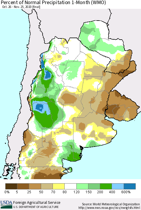 Southern South America Percent of Normal Precipitation 1-Month (WMO) Thematic Map For 10/26/2020 - 11/25/2020
