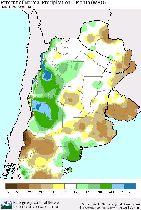 Southern South America Percent of Normal Precipitation 1-Month (WMO) Thematic Map For 11/1/2020 - 11/30/2020