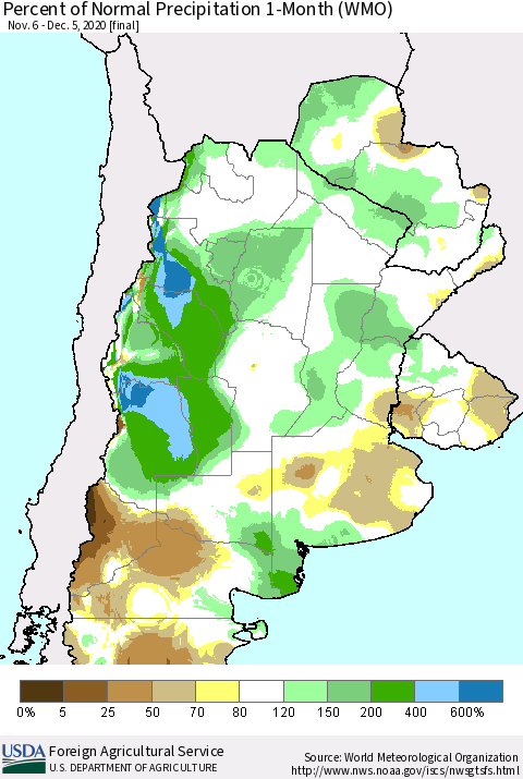 Southern South America Percent of Normal Precipitation 1-Month (WMO) Thematic Map For 11/6/2020 - 12/5/2020