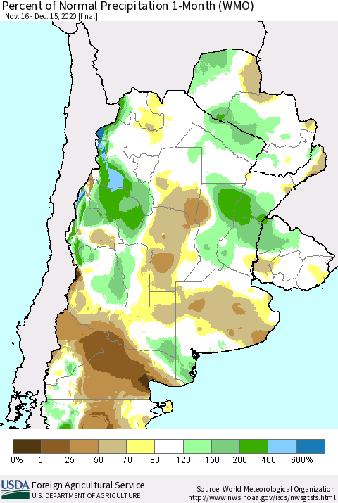 Southern South America Percent of Normal Precipitation 1-Month (WMO) Thematic Map For 11/16/2020 - 12/15/2020