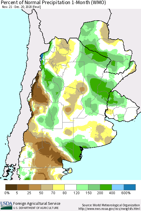 Southern South America Percent of Normal Precipitation 1-Month (WMO) Thematic Map For 11/21/2020 - 12/20/2020
