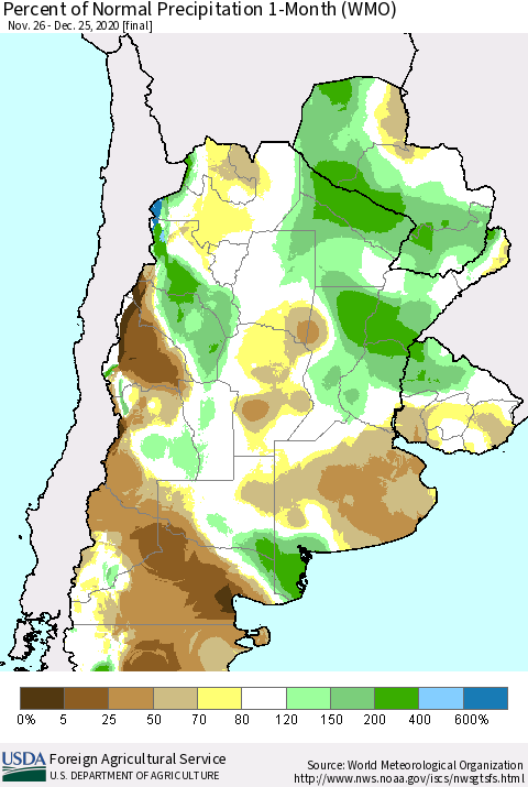 Southern South America Percent of Normal Precipitation 1-Month (WMO) Thematic Map For 11/26/2020 - 12/25/2020