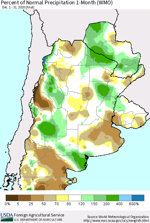 Southern South America Percent of Normal Precipitation 1-Month (WMO) Thematic Map For 12/1/2020 - 12/31/2020