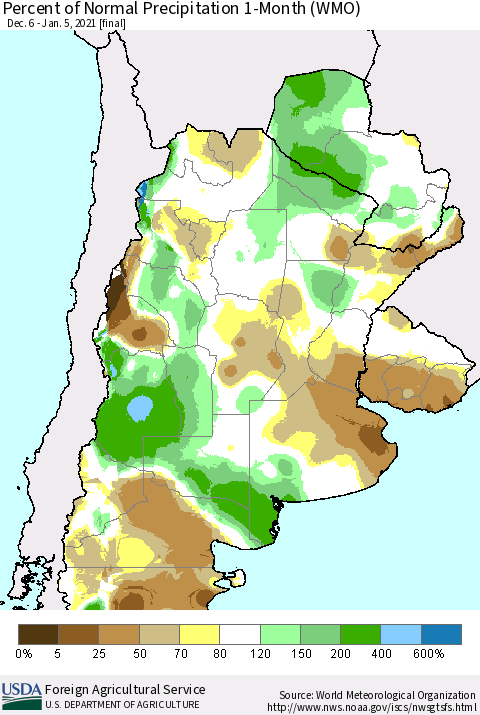 Southern South America Percent of Normal Precipitation 1-Month (WMO) Thematic Map For 12/6/2020 - 1/5/2021