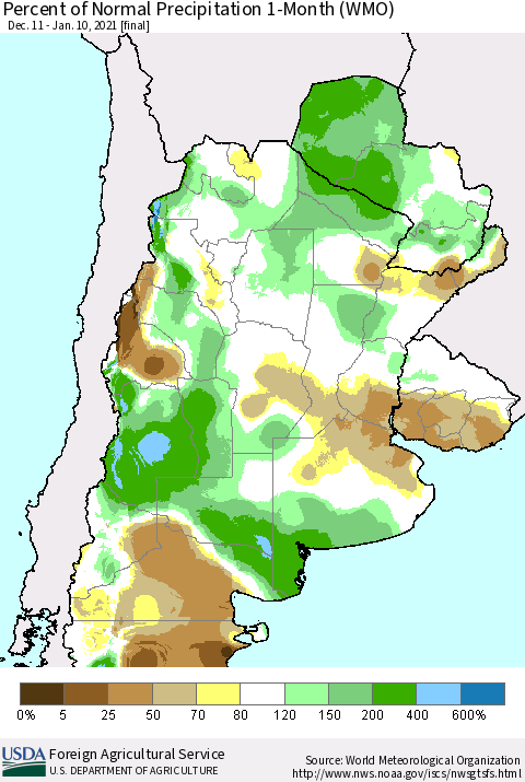 Southern South America Percent of Normal Precipitation 1-Month (WMO) Thematic Map For 12/11/2020 - 1/10/2021