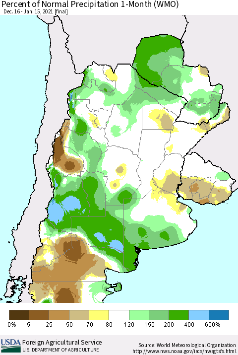 Southern South America Percent of Normal Precipitation 1-Month (WMO) Thematic Map For 12/16/2020 - 1/15/2021