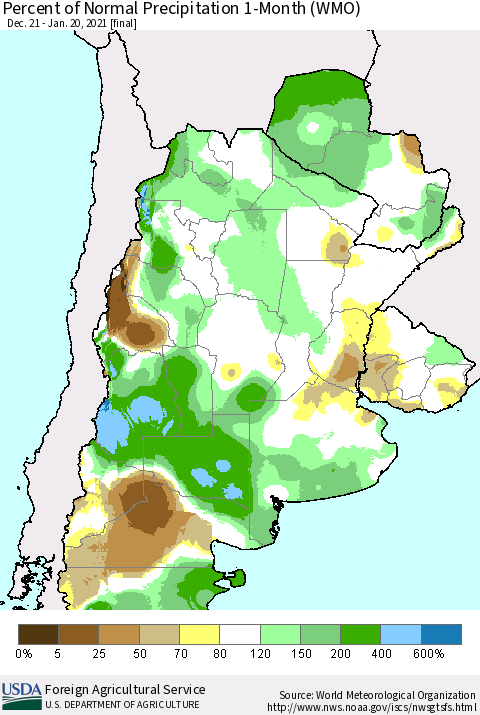 Southern South America Percent of Normal Precipitation 1-Month (WMO) Thematic Map For 12/21/2020 - 1/20/2021