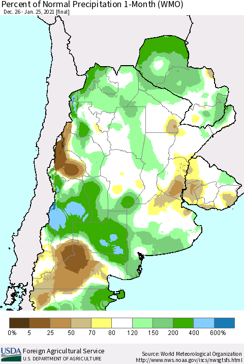 Southern South America Percent of Normal Precipitation 1-Month (WMO) Thematic Map For 12/26/2020 - 1/25/2021