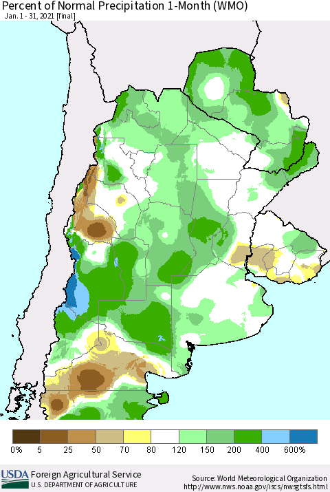 Southern South America Percent of Normal Precipitation 1-Month (WMO) Thematic Map For 1/1/2021 - 1/31/2021