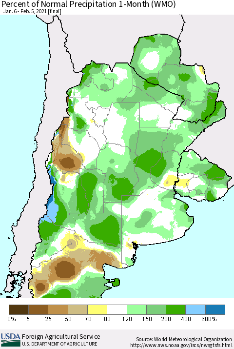 Southern South America Percent of Normal Precipitation 1-Month (WMO) Thematic Map For 1/6/2021 - 2/5/2021