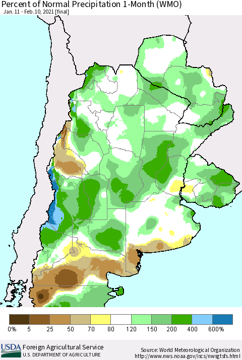 Southern South America Percent of Normal Precipitation 1-Month (WMO) Thematic Map For 1/11/2021 - 2/10/2021