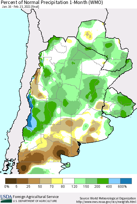 Southern South America Percent of Normal Precipitation 1-Month (WMO) Thematic Map For 1/16/2021 - 2/15/2021