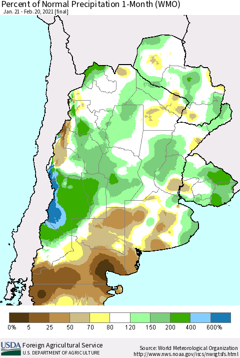 Southern South America Percent of Normal Precipitation 1-Month (WMO) Thematic Map For 1/21/2021 - 2/20/2021