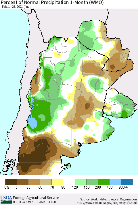 Southern South America Percent of Normal Precipitation 1-Month (WMO) Thematic Map For 2/1/2021 - 2/28/2021