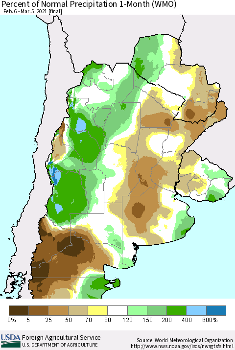 Southern South America Percent of Normal Precipitation 1-Month (WMO) Thematic Map For 2/6/2021 - 3/5/2021