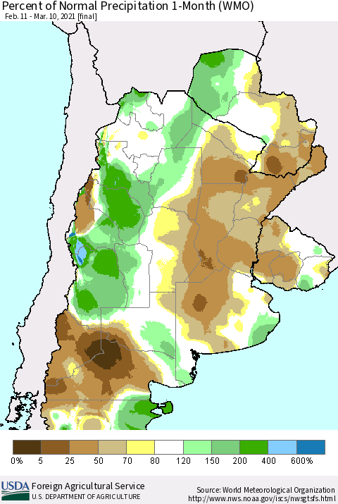 Southern South America Percent of Normal Precipitation 1-Month (WMO) Thematic Map For 2/11/2021 - 3/10/2021