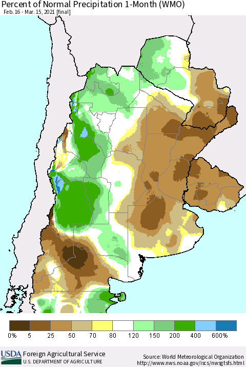 Southern South America Percent of Normal Precipitation 1-Month (WMO) Thematic Map For 2/16/2021 - 3/15/2021