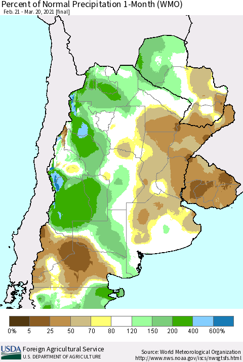 Southern South America Percent of Normal Precipitation 1-Month (WMO) Thematic Map For 2/21/2021 - 3/20/2021