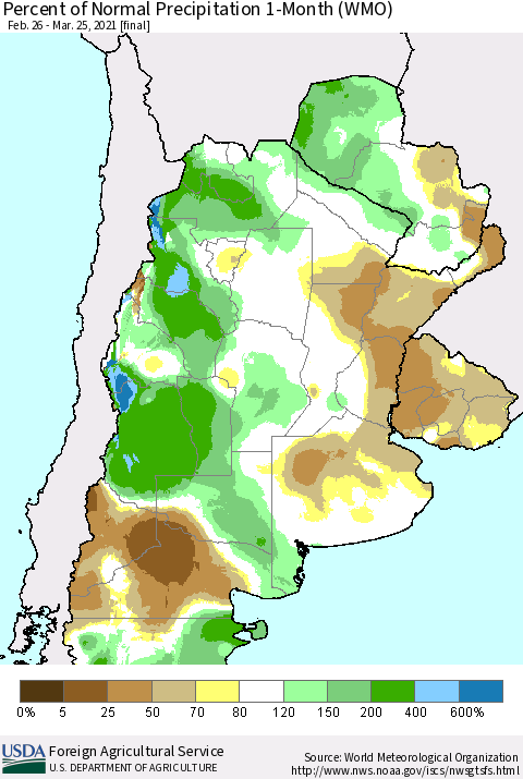 Southern South America Percent of Normal Precipitation 1-Month (WMO) Thematic Map For 2/26/2021 - 3/25/2021